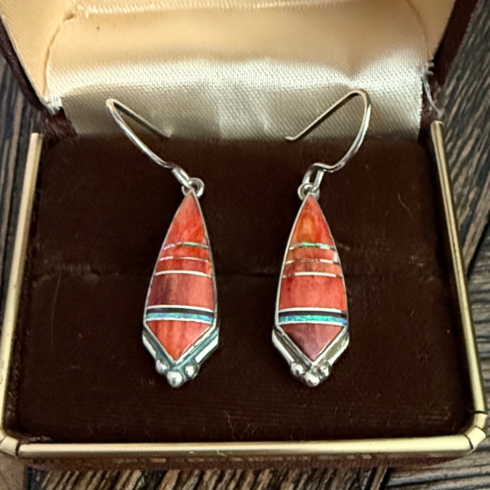 C. Webster Navajo Sterling Silver Onyx & Opal Inlay Dangle Earrings